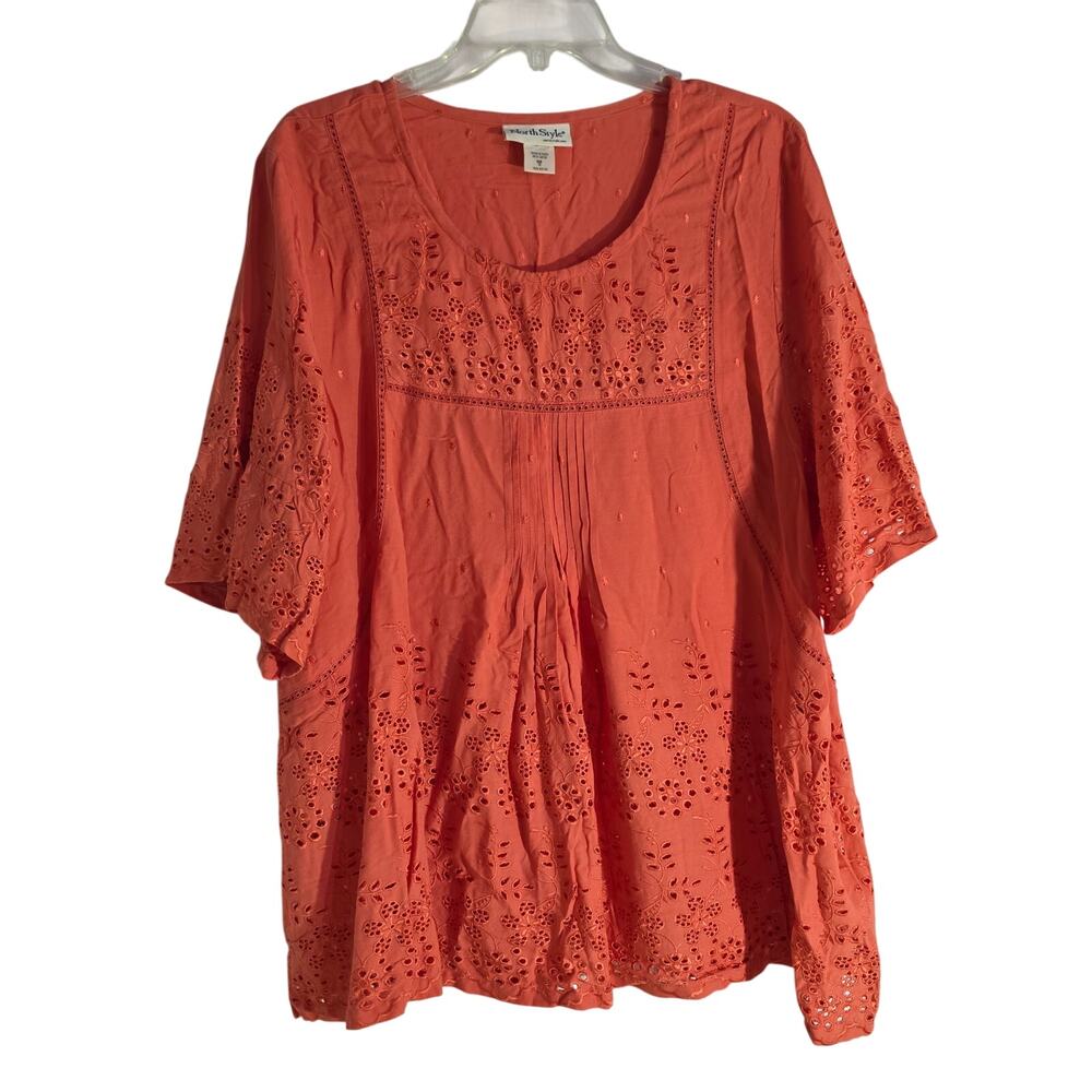 North Style plus size 1x orange short bell sleeve boho eyelet smock tunic top